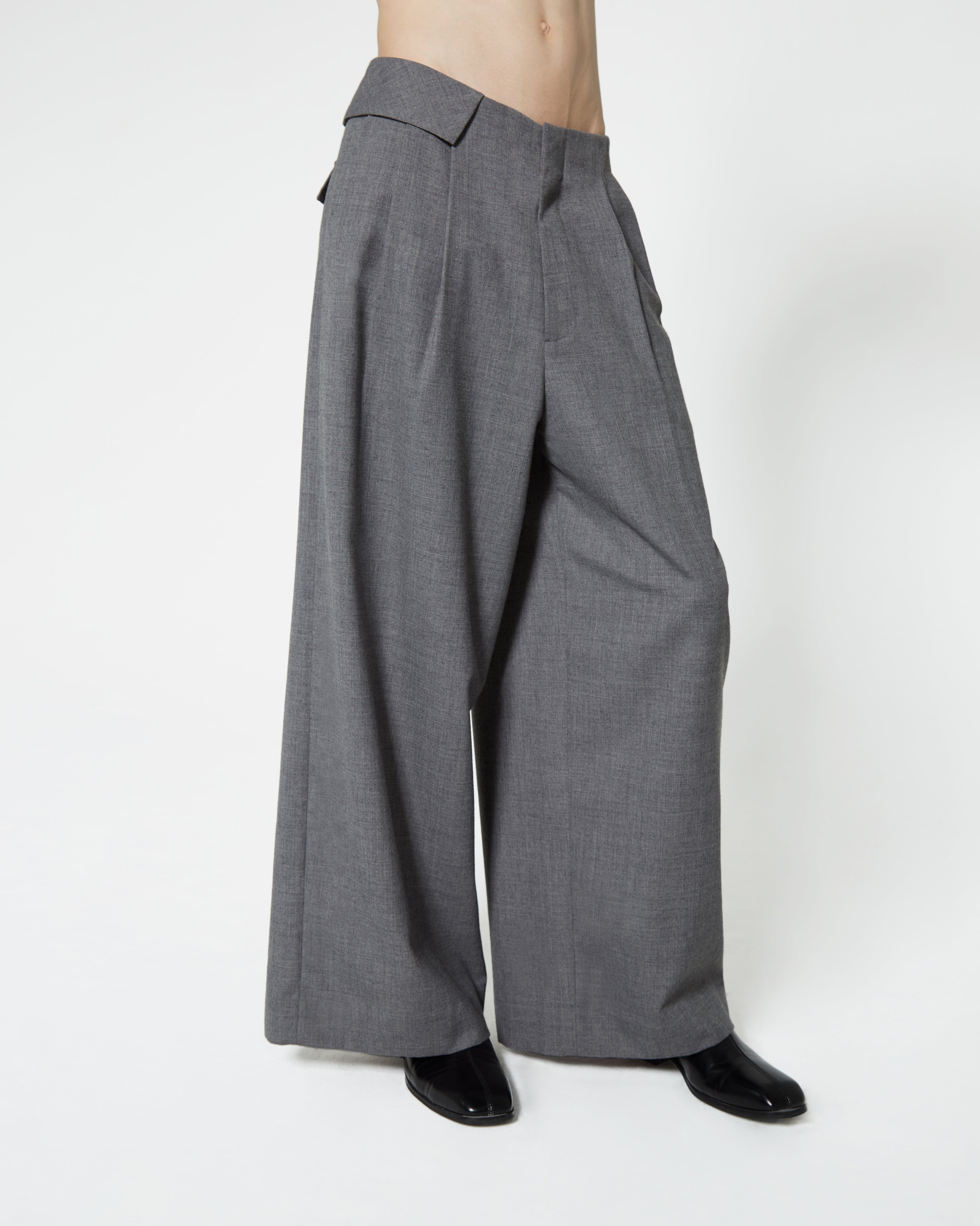 Woolen Grey Low-Waist and Wide-Leg Pants with White Stitching Details